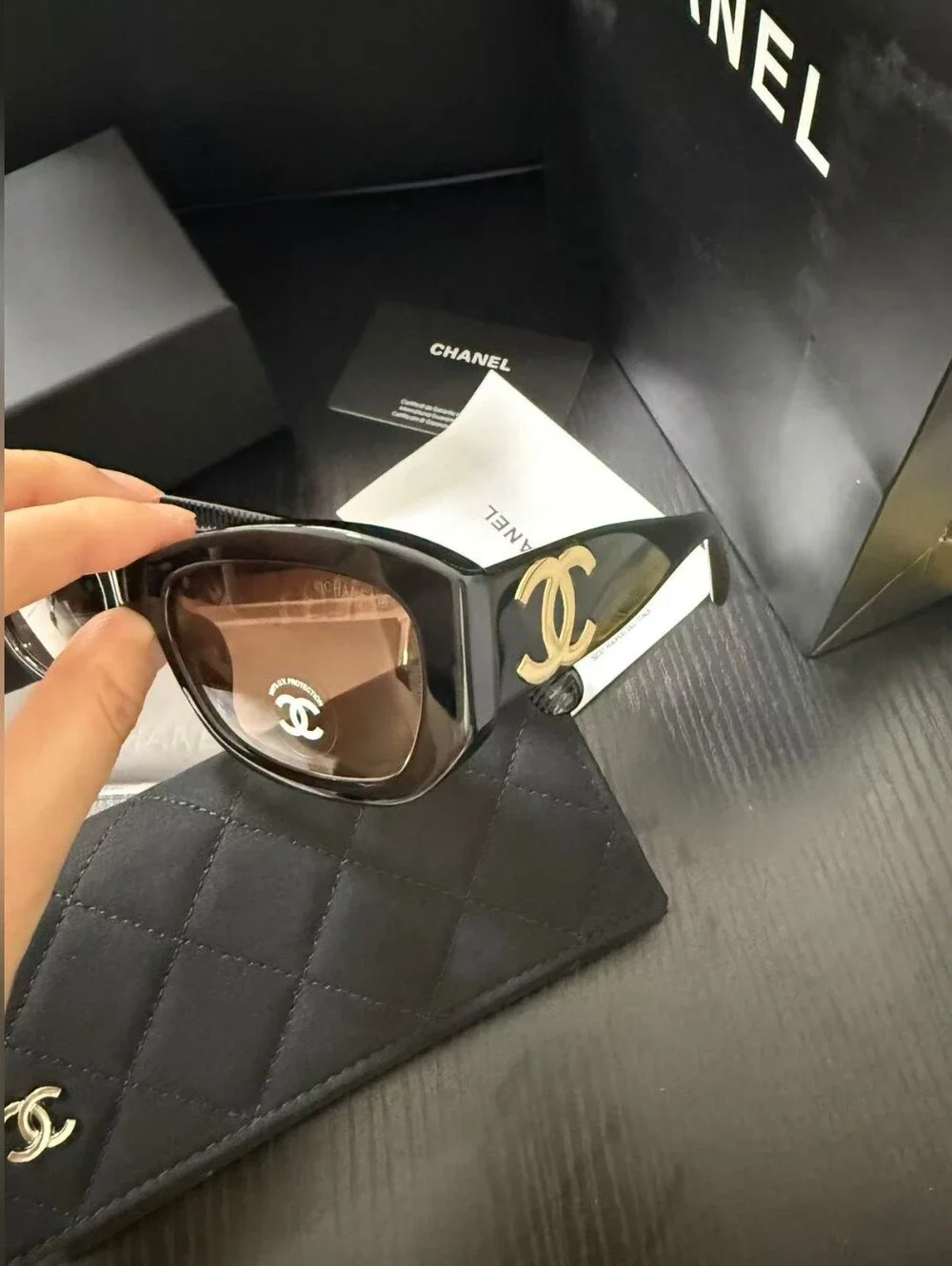 CHANEL Black Frame Sunglasses with Brown Gradient Lenses